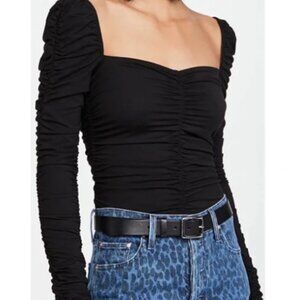 NEW Reformation Esra Queen Anne Neckline Top Black Ruched Long Sleeve Size XS